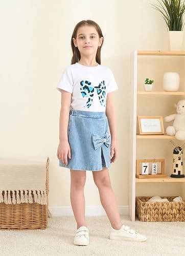 Azmxynol kid Young Girl Clothes Outfits Cute Sweet Bowknot Print T-Shirt + Bowknot 2 In 1 Denim Short Summer Clothing Set thumbnail 2
