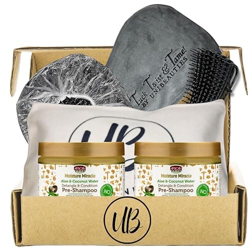 UNIBEAUTIES Hair Detangler Hair Treatment Pre-Shampoo Bundle made for 2 Pack African Pride Moisture Miracle Aloe & Coconut Water Pre-Shampoo & unibeauties Hair Care Kit- Detangling Hair Brush,Shower Caps& Microfiber Hair Towel - Image 1