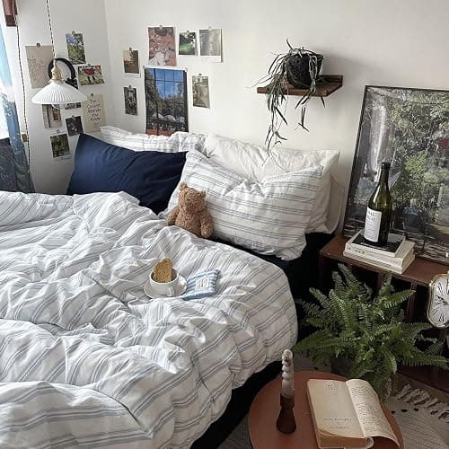mixinni Vintage Light Blue & White Striped Comforter Set Twin XL Size - Soft Washed Cotton 3-Piece Bedding Set (1 Comforter + 2 Pillowcases), Retro Geometric Pattern, All-Season Breathable & Fluffy thumbnail 2
