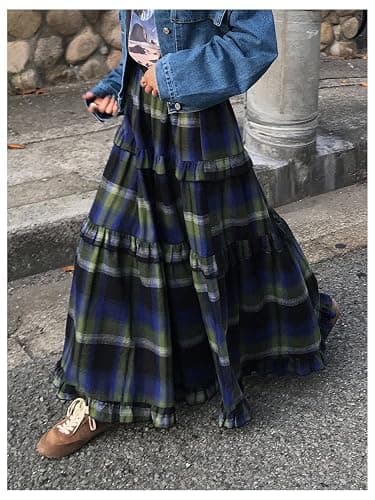 SOLY HUX Women's Plaid Maxi Skirt Elastic High Wasited Tiered Ruffle A Line Flowy Long Skirts thumbnail 2