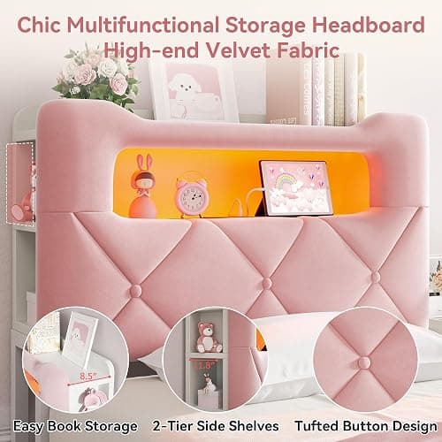 Twin Upholstered LED Bed Frame with 2 Storage Drawers and 2-Tier Storage Bookcase Headboard, Velvet Princess Platform Bed for Kids/Girls/Boys, Heavy Duty Metal Support, No Box Spring Needed, Pink thumbnail 5