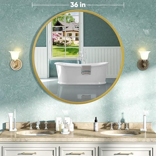 NEWBULIG Round Wall Mirror, 36 Inch Bathroom Mirrors for Over Sink, Wall Vanity Circle Mirror with Matte Metal Framed, Decor for Bathroom, Entryway, Bedroom, Gold thumbnail 2