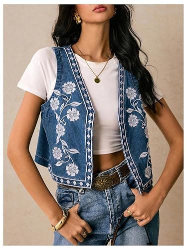 GORGLITTER Women's Embroidered Vest Boho Jean Top Western Rodeo Outfit Sleeveless Cropped Floral Denim Jacket thumbnail 6