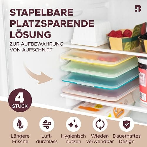BUNDHEIM® Aufschnittboxen für Kühlschrank 4er Set | Aufschnittbox stapelbar ideal zur Wurst Aufbewahrung Kühlschrank | Frischhaltedosen mit Deckel inkl. Kreidestift und 4 Tafel-Etiketten (polychrom) thumbnail 3