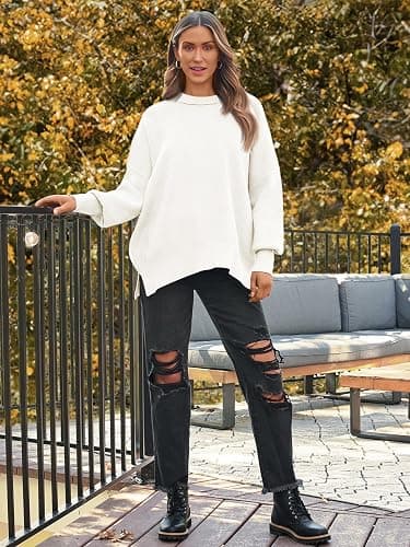 LILLUSORY Women's Oversized Batwing Sweaters 2025 Fall Outfits Trendy Crewneck Knit Side Slit Fashion Pullover Tops thumbnail 6