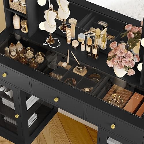 Wodeer Makeup Vanity Desk with Mirror and Lights, Black Vanity with Glass Top, LED Lights & Power Outlet, 3 Drawers & 2 RGB Glass Cabinets, Adjustable Lighted Dressing Table for Women & Girls Bedroom thumbnail 6