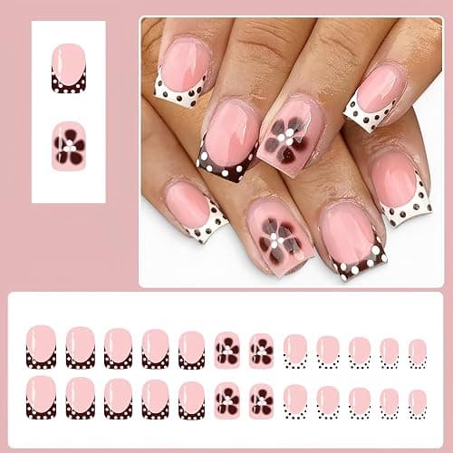Polka Dot Press on Nails French Tip Short Square Fake Nails with Brown Flower Designs Glue on Nails White Dots False Nails for Women Manicure,Glossy | Reusable | Nail Sticky Tab | Easy Apply | 24Pcs thumbnail 2