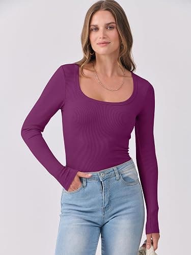 ANRABESS Womens Long Sleeve Shirts Scoop Neck Ribbed Knit Slim Fitted Tops Casual Basic Tee 2025 Fall Fashion Outfits Clothes thumbnail 2