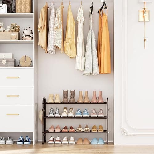 VILICK 3 Tier Shoe Rack 33" Wide Metal Shoe Organizer Long Shoe Storage with 4 Side Hooks Sturdy Shoes Shelf for Front Door Entrance, Closet, Garage, Dorm, Brown thumbnail 8