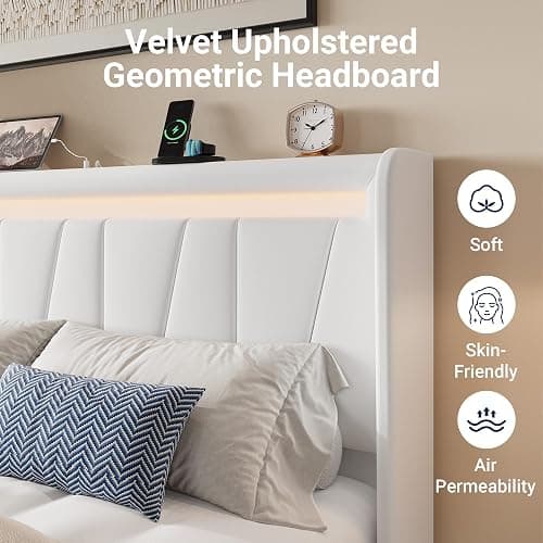Allewie Full Size LED Bed Frame with Charging Station, Velvet Upholstered Platform Bed with Geometric Wingback Headboard, Modern Frame with No Box Spring Needed, Easy Assembly, White thumbnail 3