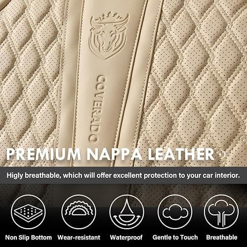 Coverado Car Seat Covers Full Set, Nappa Leather Seat Covers for Car, Waterproof Car Seat Protector with Lumbar Support, Automotive Seat Covers Universal Fit for Most Cars SUV Trucks (Beige) thumbnail 6