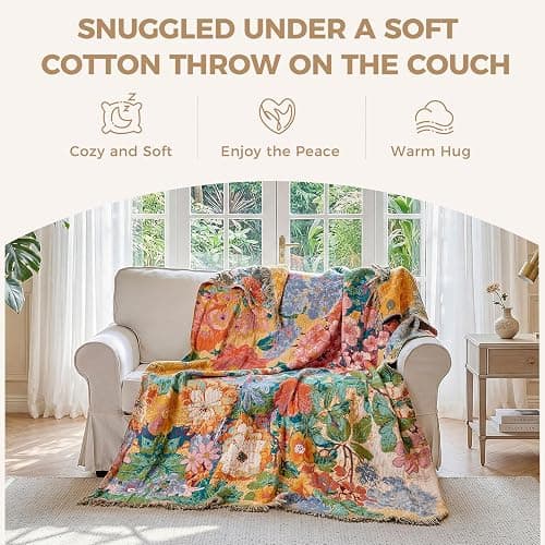 LUTBM Boho Throw Blanket for Bed Cotton Summer Blankets for Bedroom Living Room All Season Lightweight Floral Embroidery Reversible Twin Quilt for Couch Sofa Chair 60"x80" Home Decor thumbnail 5