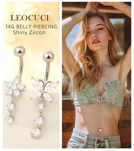 Leocuci Surgical Stainless Steel Dangle Belly Button Rings for Women Belly Ring Dangling Piercing Jewelry with Heart Flower Butterfly14G thumbnail 3
