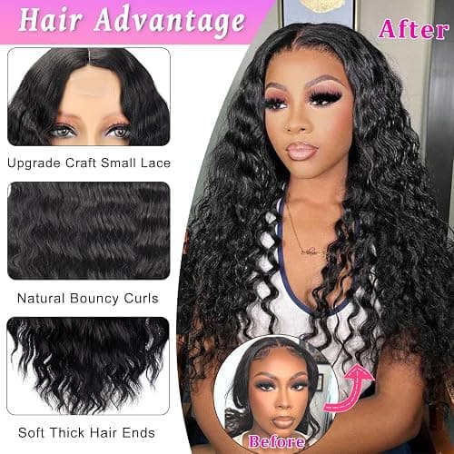 Mairead 28 Inch Long Curly Synthetic Lace Front Wigs for Black Women Loose Deep Wave Black Synthetic Wig Middle Part 4" Simulated Scalp Small Lace Front Wigs Natural Looking Crimps Curls Wig thumbnail 2