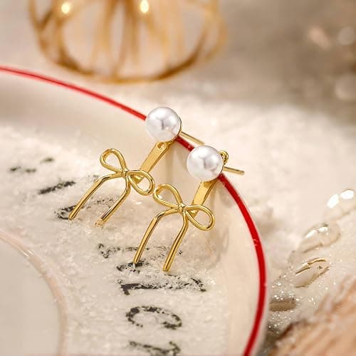 Risamil 14K Gold Plated/Silver Earrings for Women Trendy, Dainty Bow Earrings for Women Cute Pearl Huggie Earring Hoops Twist Rope Bow Stud Pearl Dangle Cubic Zirconia Earrings Jewelry Gifts thumbnail 6