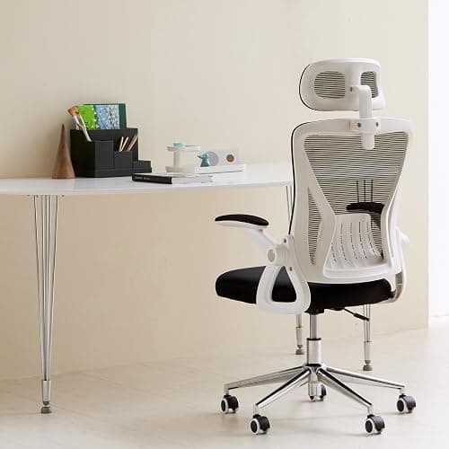 Livinia Ergonomic Mesh Office Desk Chair with Lumbar Support, Head Rest, Flip-up Armrests, Wheel Casters, Adjustable Tilt and Height Swivel Computer Chair for Home Office (White) - White thumbnail 5