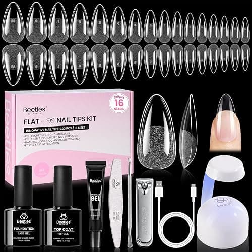 Beetles Gel Nail Kit Flat-X, Almond Medium, 320pcs 16 Sizes Nail tips, with 15g Nail Glue Gel Hands-Free, 7.5ml Base Gel & Top Coat, Mini Lamp, for Acrylic Press On Nail, Extension DIY Set at Home - Image 1