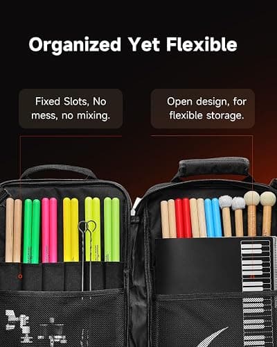 Donner Drumstick Backpack Bag, Large Capacity Padded Double Shoulder Straps for all Drum Accessories, Holds up to 12 Pairs of Drumsticks thumbnail 6