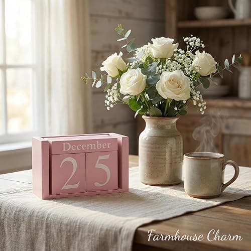 MICKYU Perpetual Wooden Desk Calendar - Pink Farmhouse Decor Block Calendar for Office, Home & Gifts - Reusable Daily Date Display thumbnail 2
