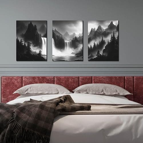 CIRABKY Foggy Forest Wall Art for Living Room - Mountains Canvas Wall Art for Office - Black and White 3 Piece Wall Decor Size 12" x 16" thumbnail 2