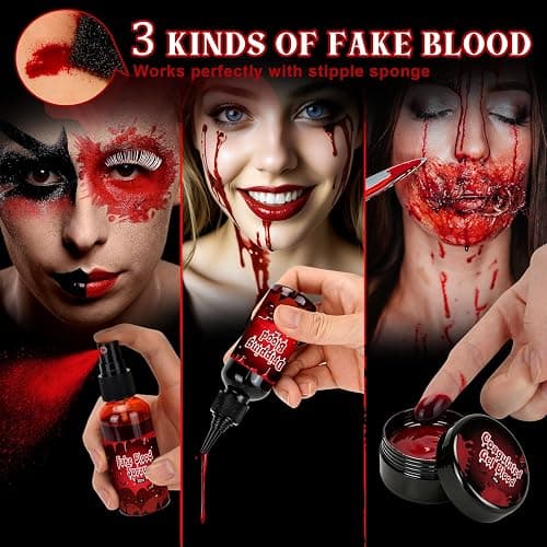 Halloween SFX Makeup Kit 24pcs for Adults Zombie Vampire Cosplay | 3 Kinds of Fake Blood+Scar Wax+Oil Face Paint Kit, Setting Powder, Brushes, Sponges, Professional Special Effects Makeup Kit thumbnail 5