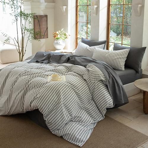 XINMIANFANG Striped Duvet Cover Set Full Size 3 Piece 100% Washed Cotton Linen Feel Bedding Comfy Breathable Modern Farmhouse (Full, Double Stripe-White/Black) thumbnail 2