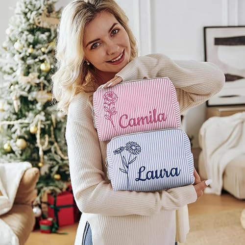 Ajiangwu Personalized Seersucker Makeup Bag with Embroidered Name,Custom Small Cosmetic Bag Travel Toiletry Bag Birthday Christmas Gifts for Teen Girls Daughter (2-Makeup Bag with Birth Flower) thumbnail 7
