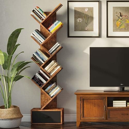 Rolanstar Tree Bookshelf with Drawer, 9 Shelf Bookshelf, Wooden Bookcase Storage Rack for CDs/Movies/Books, Corner Bookshelves, Utility Organizer Shelves for Living Room, Bedroom, Rustic Brown thumbnail 4