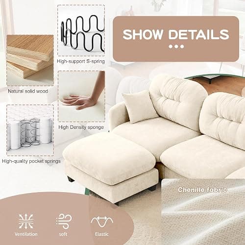 YESER 74" Modular Sectional Sofa Cloud Couch, L Shaped Couch with Movable Ottoman, Modern Loveseat Deep Seat Sectional Couches for Living Room, Comfy Chenille Sofa Modular Couches for Bedroom,Beige thumbnail 8