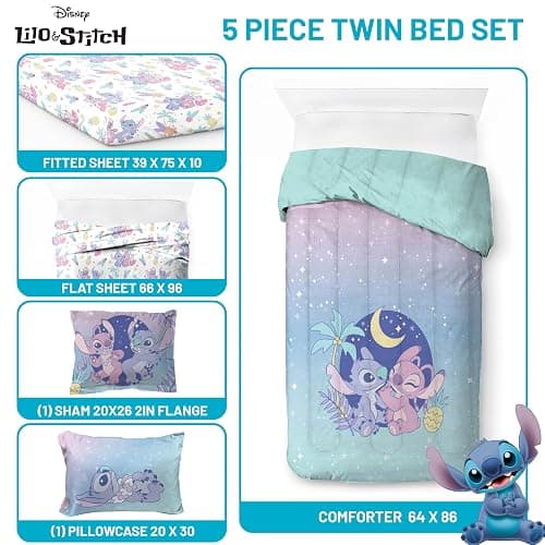 Jay Franco Disney Lilo and Stitch Twin Size Comforter Set - 5 Piece Floral Bedding Includes Sheet Set & Pillow Covers Features Angel - Super Soft Purple & Teal Stars Kids Bedding thumbnail 5