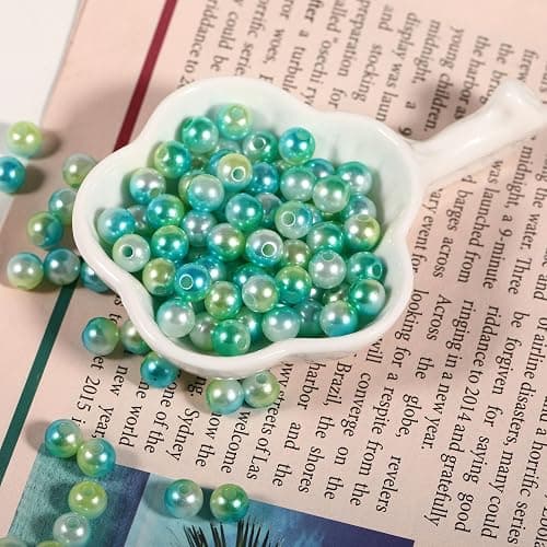 600Pcs Pearl Beads 8mm Gradient Color Fake Mermaid Pearl Beads Jewelry Making for DIY Crafts Necklace Bracelet Mobile Phone Hanging Rope Wedding Decoration Vase Filling (Green Yellow 8mm) thumbnail 6