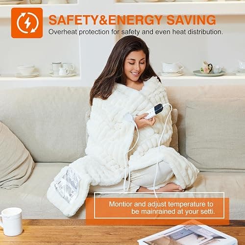 AEPINBH Heated Electric Blanket Throw: 6-Level Fast Heating, 4-Hour Auto-Off, Soft&Warm Stripe Faux Rabbit Fur, for Couch Home Office, with Overheating Protection & ETL Certified(50 x 60,Milky White) thumbnail 5