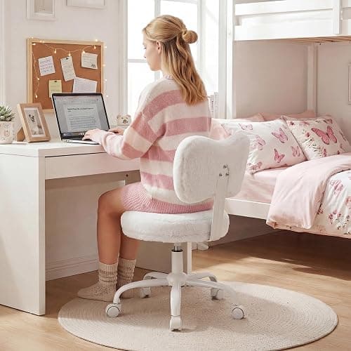 Homkdom Vanity Chair with Back, Swivel Chair with Wheels & Adjustable Height, Fluffy Faux Rabbit Fur Comfy Desk Chair for Vanity, Make-up Room, Bedroom, Dorm, Cute Bow Backrest, White thumbnail 8