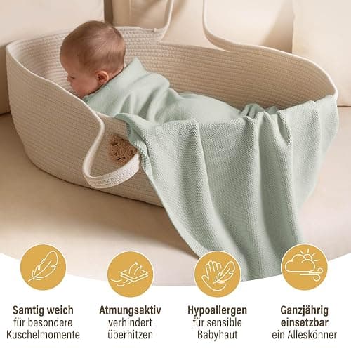 Merle Toys® Premium Babydecke Baumwolle, 100% Bio - GOTS & Oeko-TEX Zertifizierte Strickdecke, Baby Decke Neugeborenen, Kuscheldecke Baby, Blanket Newborn Cotton, Babydecke Bio Baumwolle, Mint thumbnail 3