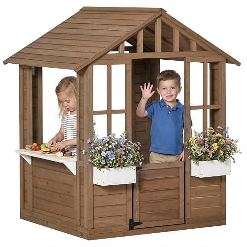Outsunny Kids Outdoor Playhouse, Wooden Cottage with Door & Windows, Brown | Flower pot holder and boxes, garden games cottage for ages 3-8 - Image 1