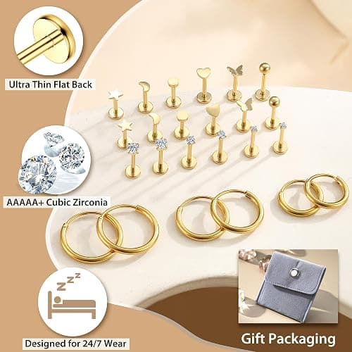 LOYALLOOK Threadless Flat Back Earrings 316L Surgical Steel Cartilage Earrings for Women Men Hypoallergenic Small Hoop CZ Push in Flatback Stud Earrings 20G 18G Flat Back Nose Stud Tragus Helix Conch Piercing Jewelry thumbnail 6