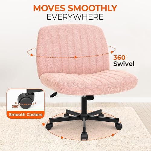 Orange Factory Criss Cross Chair Wheels Wide Cross Legged Office Desk Vanity Chair Comfy Fabric Armless Adjustable Swivel for Home Computer Task (Pink) thumbnail 5