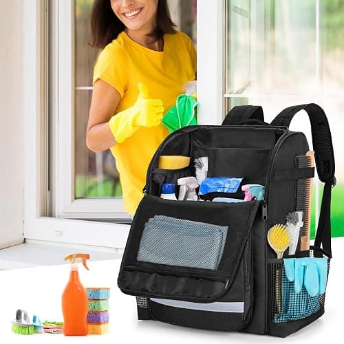 LoDrid Cleaning Backpack with Thickened Adjustable Shoulder Straps, Black | Large Cleaning Caddy Organizer with Multiple Pockets for Cleaning and Housework, Patent Designed thumbnail 2