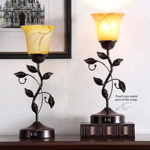 Touch Control Leaf Vintage Table Lamp with 3-Way Dimmable 2 USB C+A Ports | Bedside Nightstand Lamps, Amber Glass Shade Rural Leaf Lamp for Living Room Bedroom Dresser Home Decor, LED Bulb Included thumbnail 3