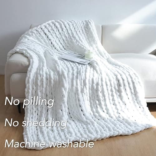 Chunky Knit Blanket Throw （40×50 Inch）, Handmade Warm & Cozy Blanket Couch, Bed, Home Decor, Soft Breathable Fleece Banket, Christmas Thick and Giant Yarn Throws, White thumbnail 2