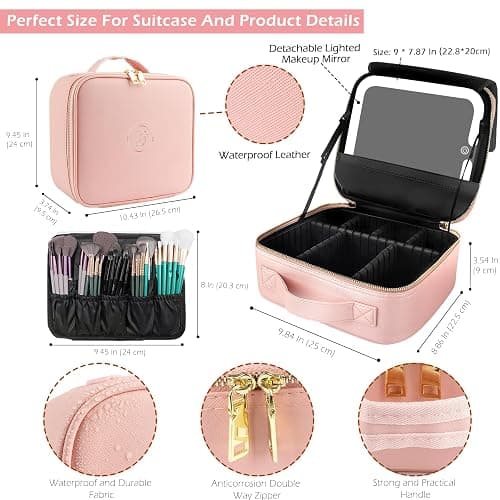 MOMIRA Travel Makeup Bag Cosmetic Bag with Lighted Mirror, Adjustable Brightness in 3 Color Scenarios, Waterproof, 10x Magnifying Mirror, Rotatable Independent Light Mirror- Pink(Solid) thumbnail 3