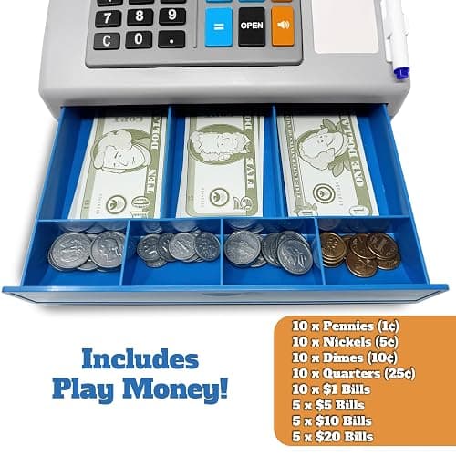 Dr. STEM Toys Solar Powered Calculator Pretend Cash Register with Play Money – 67-Piece Set for Learning Math Skills, STEM Cash Register for Kids (Gray) thumbnail 5
