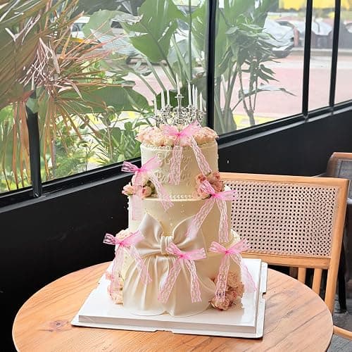 Ephlyn 30Pcs Bow Cupcake Toppers Bowknot Ribbons Coquette Bow High Footed Cup Balloon Wall Party Decorations Cake Dessert Picks Birthday Wedding Party Supplies Lace Pink thumbnail 2