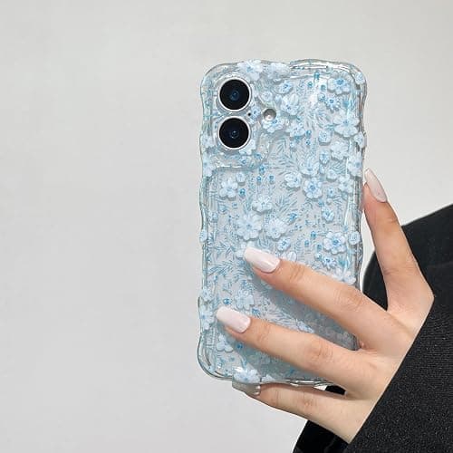 RALEAVO for iPhone 17 Case Cute Floral Pattern Design,Clear Curly Wave Frame Cover for Women,Soft Shockproof Anti-Slip Protective Case for iPhone 17,Blue Flowers - Image 1