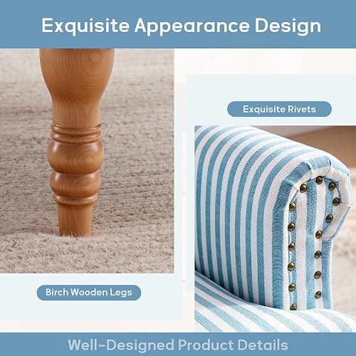 HUIMO Linen Fabric Accent Chair, Mid-Century Modern Armchair with Solid Wood Legs, Single Sofa Chair,Upholstered Reading Club Chair (1, Blue and White Stripe) thumbnail 3