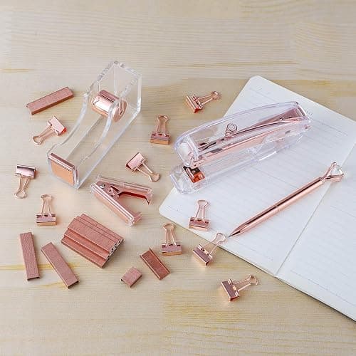 KIDMEN Rosegold Desk Accessory Kit,Set of Stapler, Staple Remover,1000pcs Staples,Tape Dispenser,Big Diamond Ballpoint Pen and 10pcs Binder Clips thumbnail 2