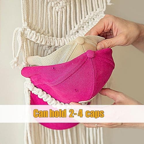 Clysuply Boho Baseball Cap Hanger-1 Pack-Macrame Hat Organizer for Ball Caps Holder Over Door, Hat Rack for Wall, Cap Rack for Decoration and Display, Boho Handmade Cap Display 7 caps （cream thumbnail 8