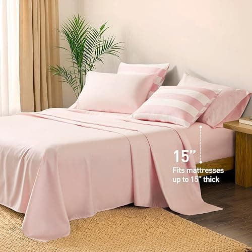 Reversible Striped Twin Comforter Set-Bed in A Bag 5-Pieces Bedding Set with Double-sided Stripes Design-Warm & Cozy Bed Set Includes Twin Size Comforter, Sheets Set, Pillowcase and Sham, Blush thumbnail 4