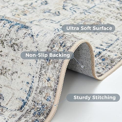 jinchan Runner Rug 2x5-2pcs Washable Hallway Rug Vintage Indoor Thin Retro Floor Cover Distressed Floral Country Lightweight Non Slip Carpet for Entryway Bathroom Kitchen Bedroom Living Room Blue - 2' x 5' (2pcs Light Weight) - Distressed Blue Multi thumbnail 4