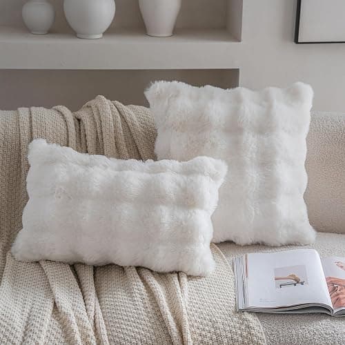 Neelvin Set of 2 Decorative Cushion Covers Thick Plush Wool White Throw Pillow Covers 45x45 cm,18x18 Inches Pillowcase Plush fluffy for Couch Livingroom Sofa Bedroom thumbnail 2